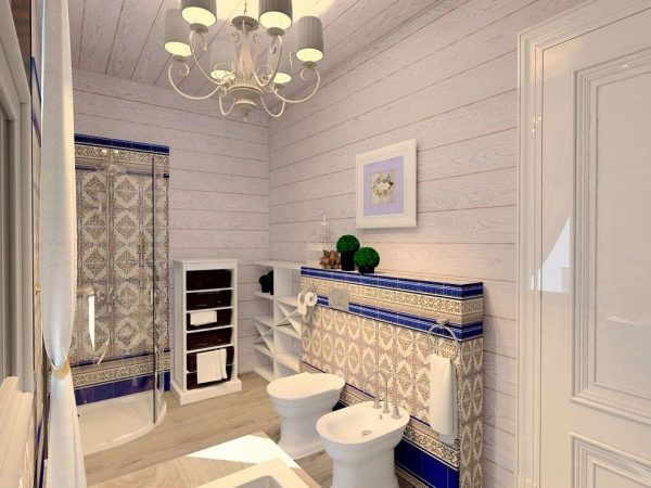 Baignoire ou cabine de douche dans une maison en bois