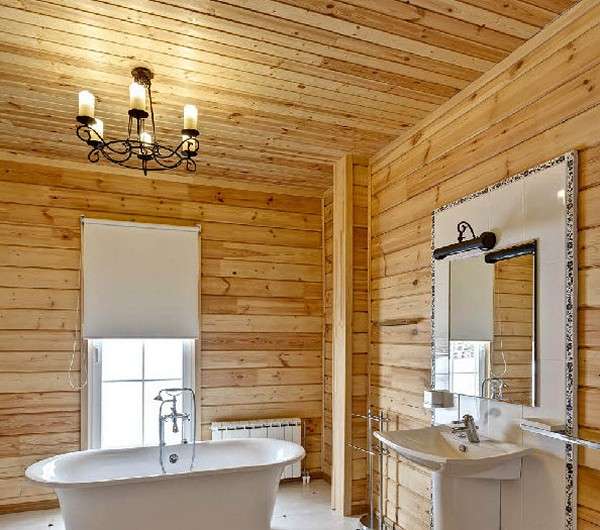 Baignoire ou cabine de douche dans une maison en bois