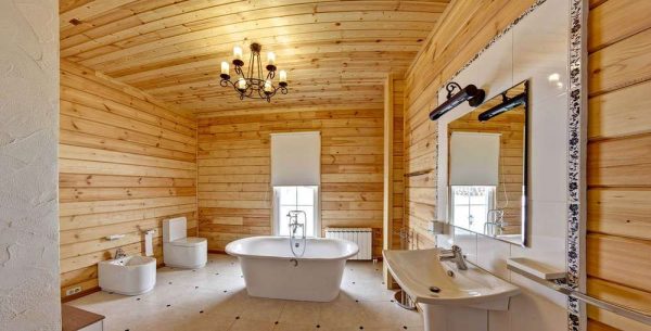 Baignoire ou cabine de douche dans une maison en bois