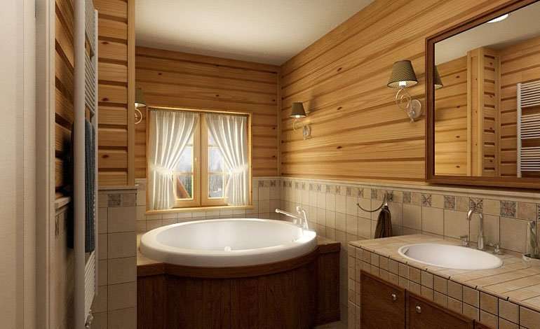 Baignoire ou cabine de douche dans une maison en bois