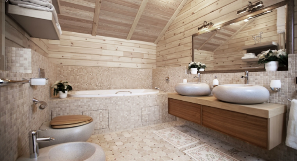 Baignoire ou cabine de douche dans une maison en bois