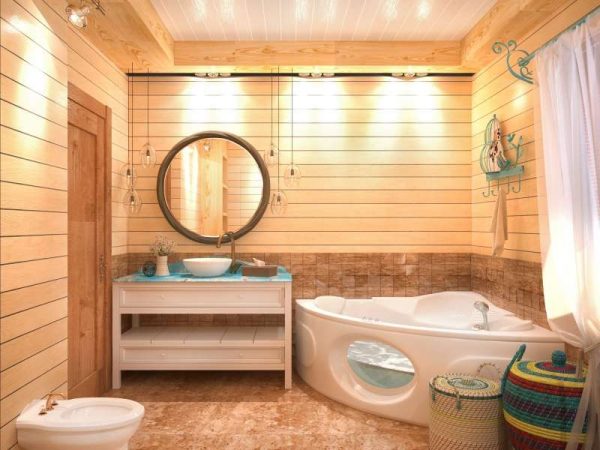 Baignoire ou cabine de douche dans une maison en bois