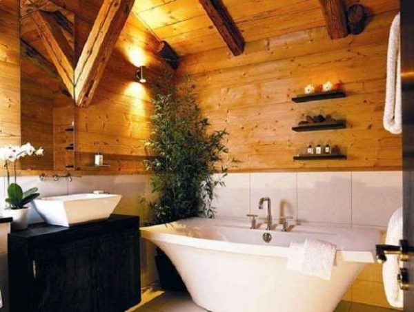 Baignoire ou cabine de douche dans une maison en bois